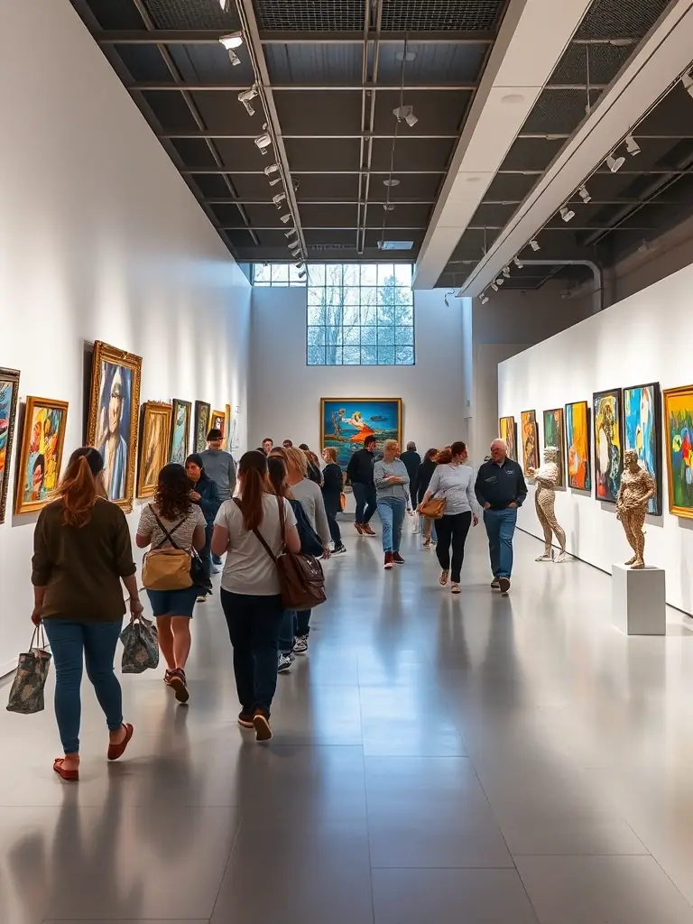A visually appealing image of an art exhibition, displaying a variety of artworks and visitors appreciating the creativity and diversity of the displayed pieces, with an emphasis on the artistic atmosphere.