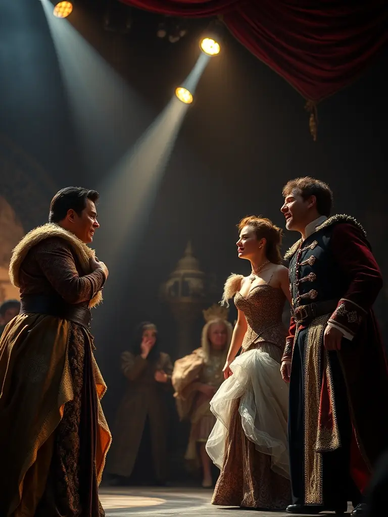 A dynamic image of a theatrical performance featuring actors in colorful costumes on stage, conveying the drama and excitement of live theater, with an emphasis on the expressive movements and emotions of the performers.