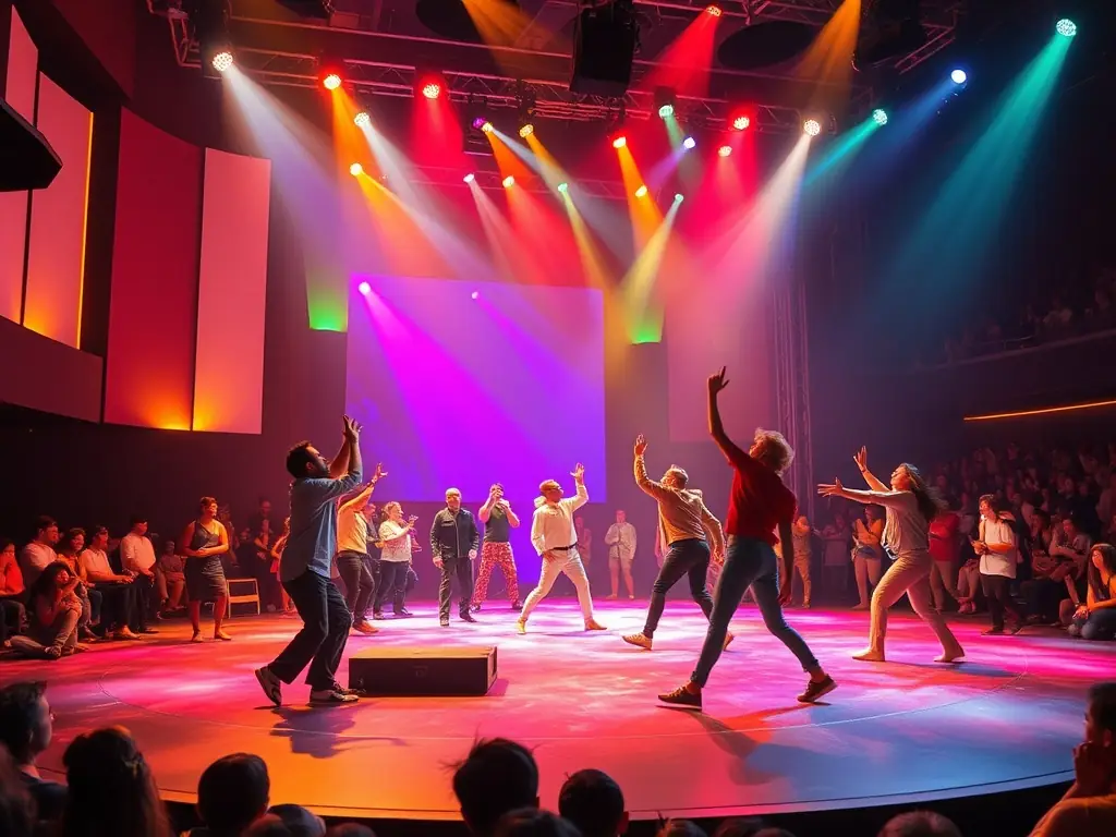 A vibrant stage scene with performers in colorful costumes, expressive lighting, and an engaged audience, representing a COLLECTIF 7' original live performance in a contemporary theater setting.