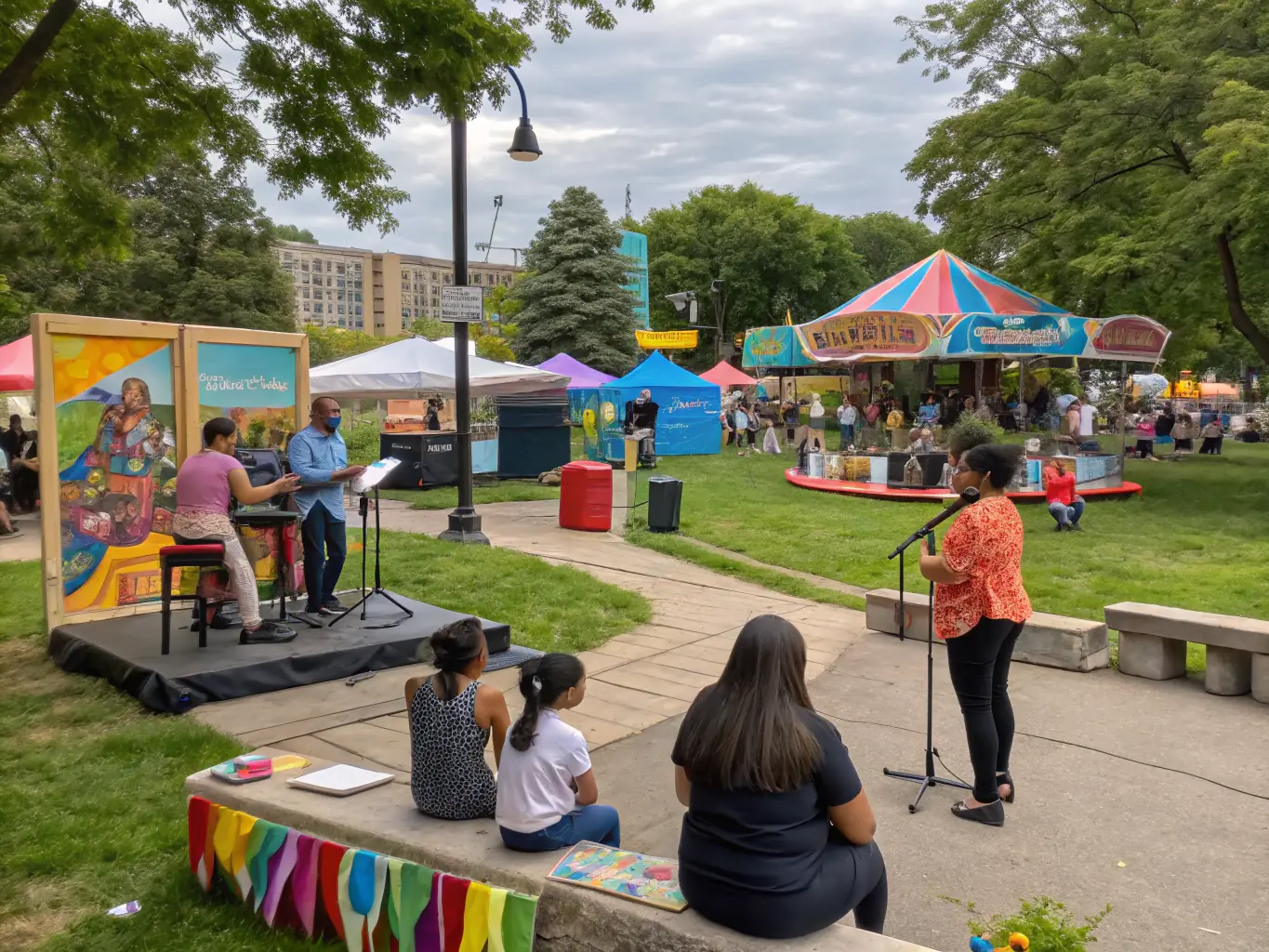 A community event organized by COLLECTIF 7', featuring live music, art installations, and interactive performances, creating a festive and engaging atmosphere for attendees.