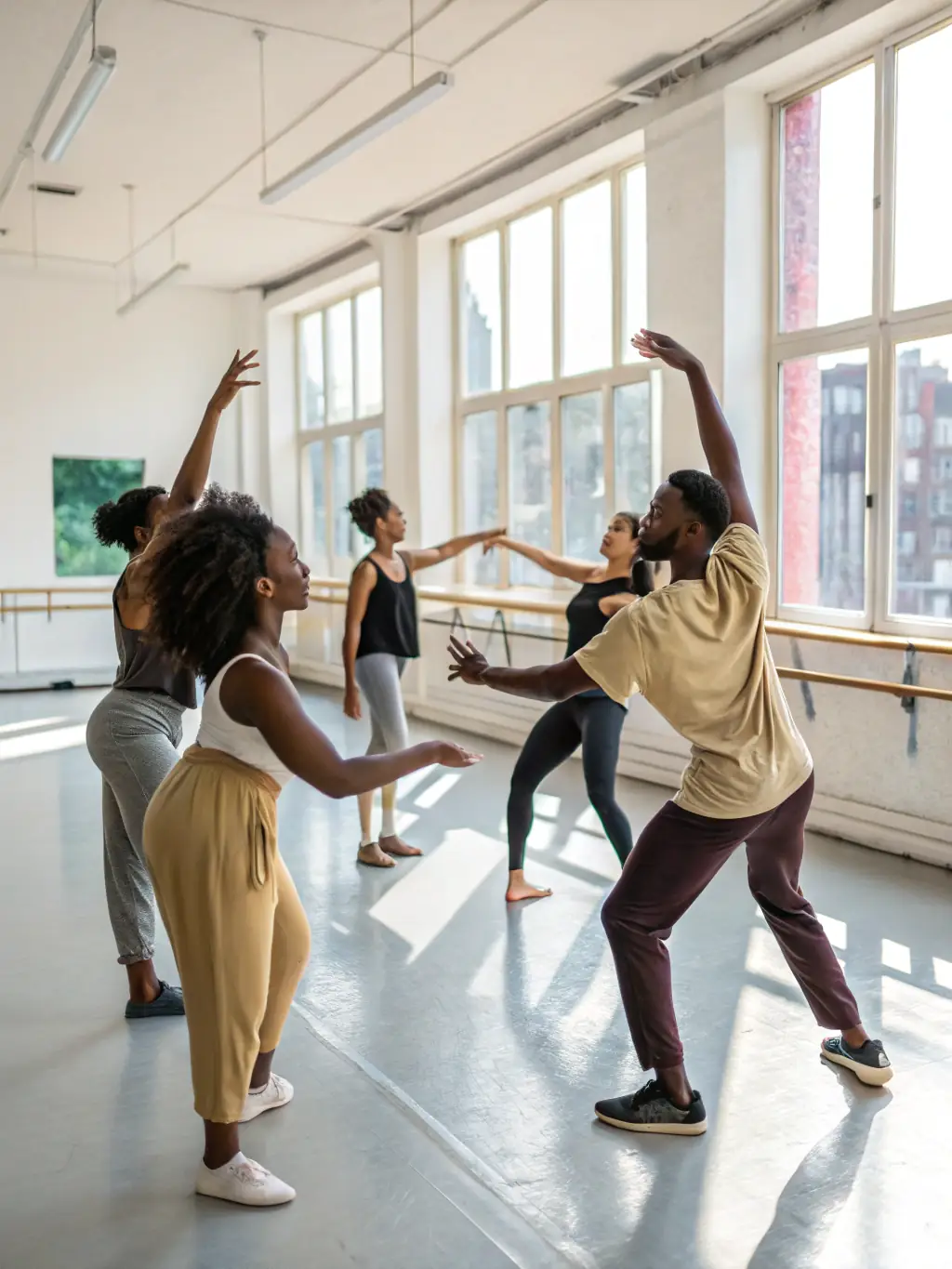 A vibrant photograph capturing a dance workshop in progress, showcasing participants of diverse ages and backgrounds actively engaged in learning new dance moves, with a focus on the energy and enthusiasm of the group.
