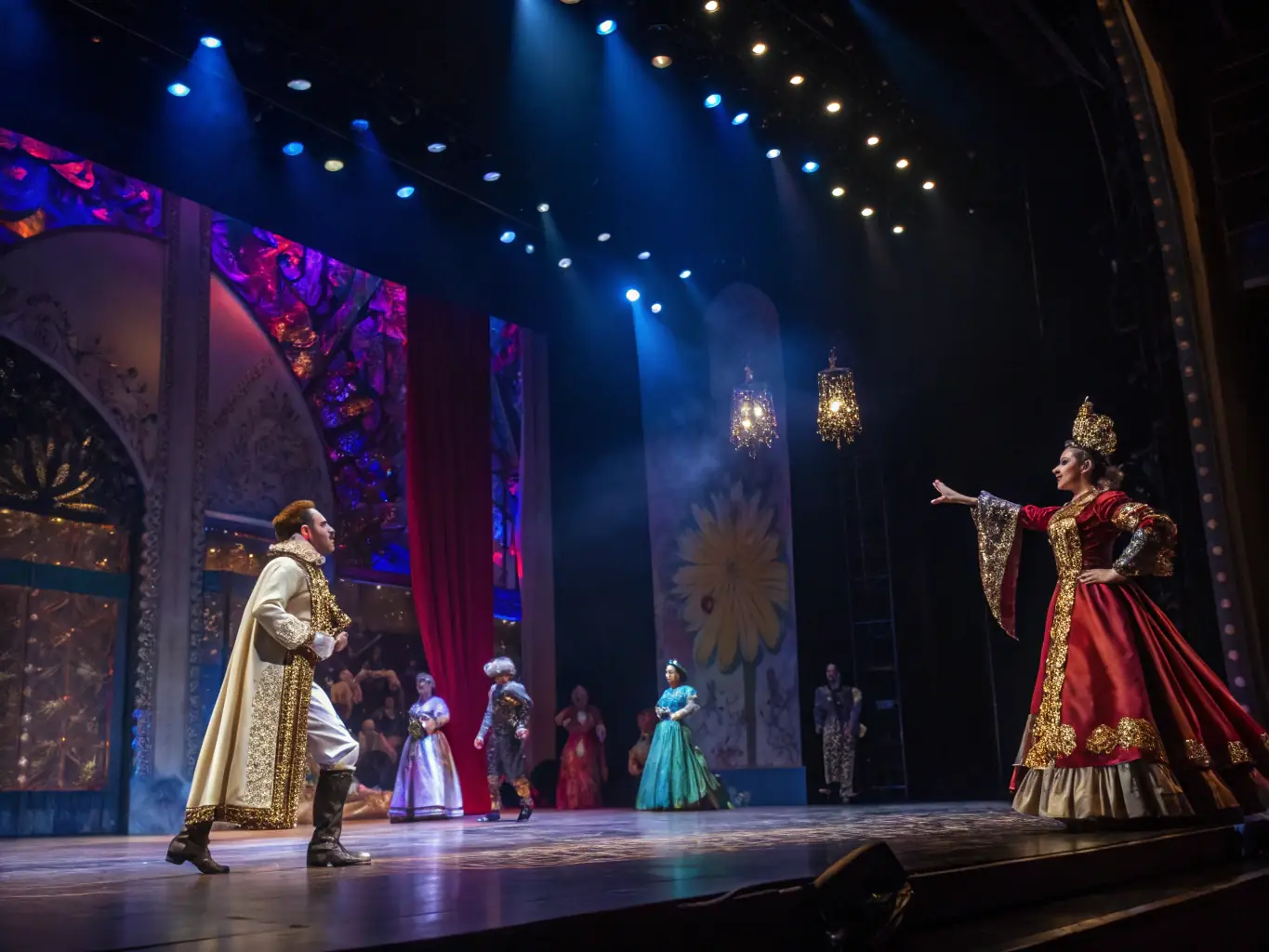A vibrant stage scene with performers in colorful costumes during a COLLECTIF 7' theater production, showcasing the energy and creativity of the performance.
