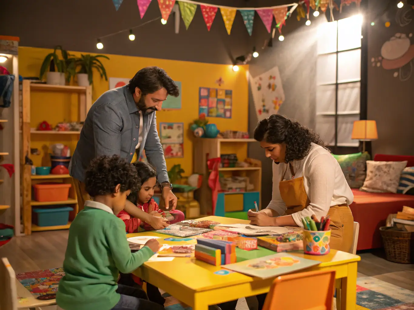 A group of diverse participants, including children and adults, collaborating in a creative workshop space filled with art supplies, musical instruments, and theatrical props, illustrating an inclusive community arts workshop.