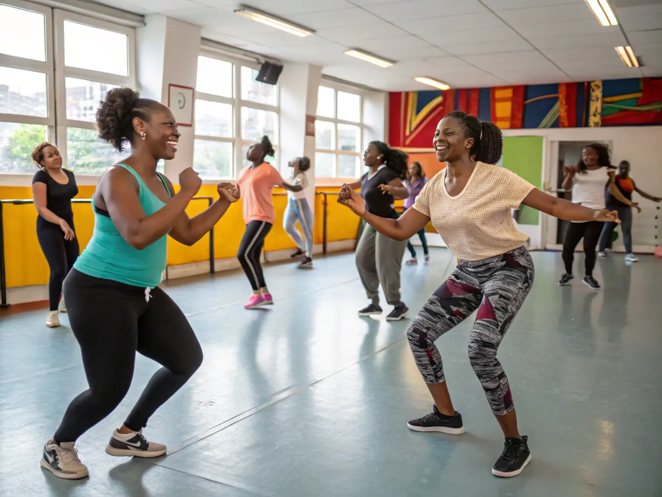 A group of young artists participating in a COLLECTIF 7' workshop, focused on developing skills in dance and movement, with an instructor guiding them.