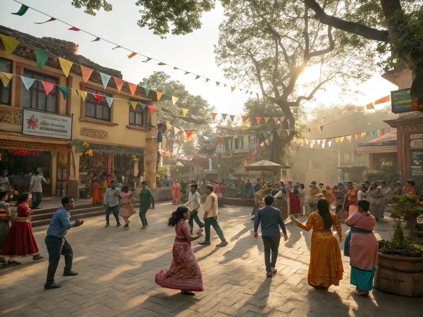 An outdoor cultural festival scene with performers, audience members, and food stalls, set in a lively urban square, capturing the spirit of COLLECTIF 7' public arts events.