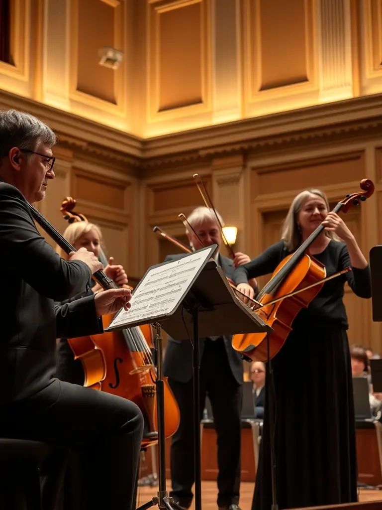 A captivating shot of a music ensemble performing live, highlighting the musicians' passion and skill, with a focus on the instruments and the harmonious blend of sounds.